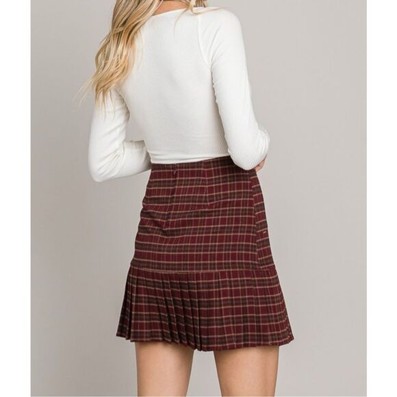 Burgundy Twill Check Tiered Pleated Skirt - Picture 3 of 6